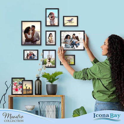 Icona Bay Combination Black Picture Frames Set - 10 PC (Five 4x6, Three 5x7, Two 8x10), Classy Contemporary Style, Maestro Collection for Wall Gallery
