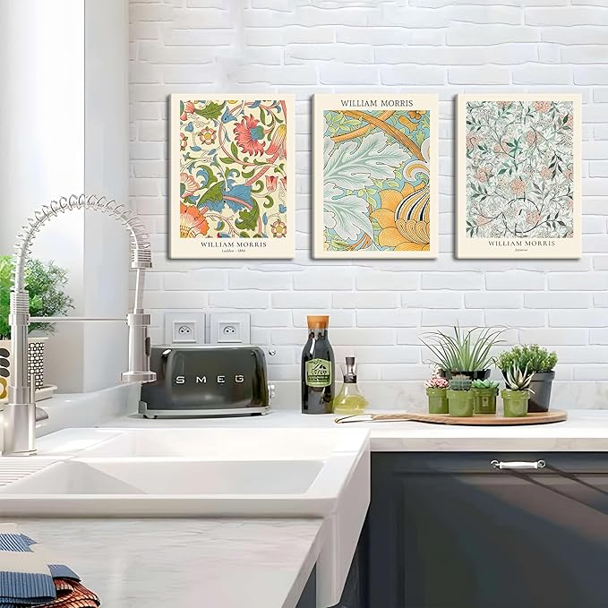 William Morris Vintage Floral Canvas Paintings - Abstract Wall Art Prints Set of 3, 12x16 in Framed, Modern Eclectic Wall Decor for Living Room, Bathroom, Bedroom, Office