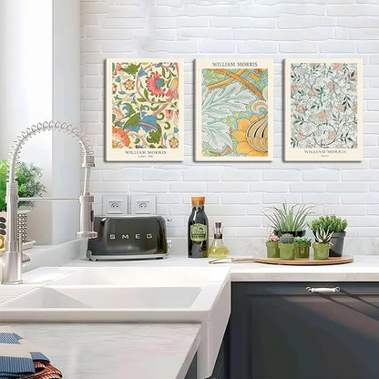 William Morris Vintage Floral Canvas Paintings - Abstract Wall Art Prints Set of 3, 12x16 in Framed, Modern Eclectic Wall Decor for Living Room, Bathroom, Bedroom, Office