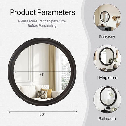CULER Round Wall Mirrors 36 Inch,Wood Rustic Decorative Transitional Mirror with Walnut Frame for Wall,Farmhouse Mirror for Bathroom Bedroom Living Room or Entryway（Dark Brown）