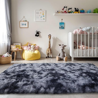 KICHOWUA Thick Area Rug Dark Grey Fluffy Shag 3x5 for Bedroom, Soft Plush Fuzzy Washable Carpet for Living Room, Non Slip Furry Floor Shaggy Rug for Kids Baby Nursery College Dorm, Tie-Dye Dark Gray
