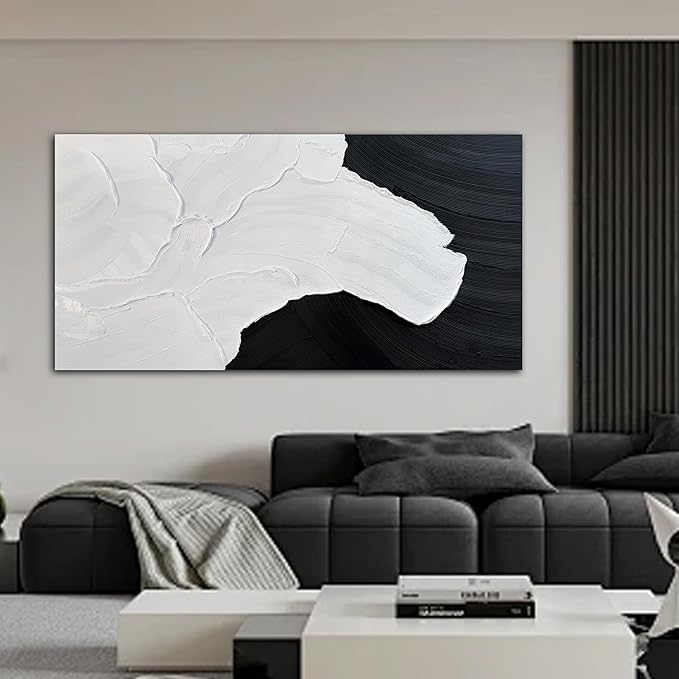 Tarfupth Black and White Abstract Wall Art for Living Room Hand-Painted Large Abstract Wave Oil Paintings Textured Artwork for Bedroom Office Home Decor 35x71 Inch