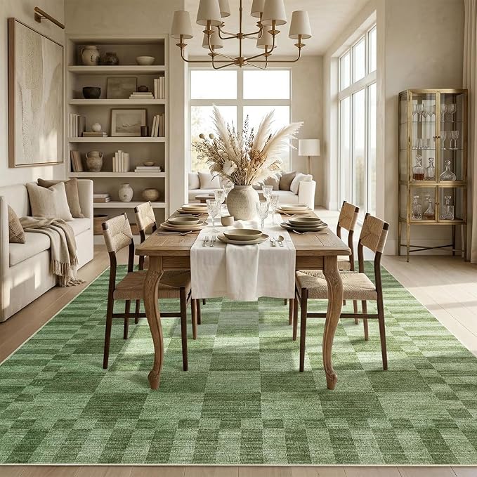 GarveeHome Moss Green Checkered Rug 5×7 Area Rugs for Living Room，Non-Slip Washable Rug Soft Low-Pile, Neutral Modern Farmhouse Geometric Rugs for Bedroom Dining Room Office