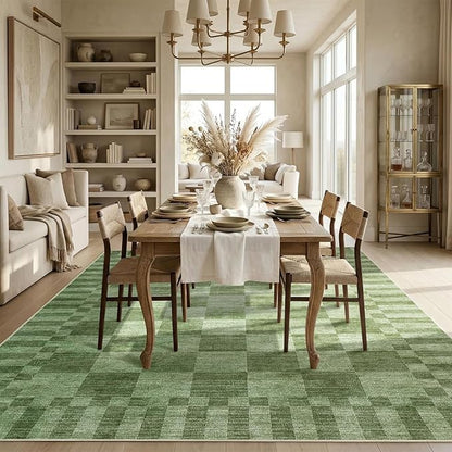 GarveeHome Moss Green Checkered Rug 5×7 Area Rugs for Living Room，Non-Slip Washable Rug Soft Low-Pile, Neutral Modern Farmhouse Geometric Rugs for Bedroom Dining Room Office
