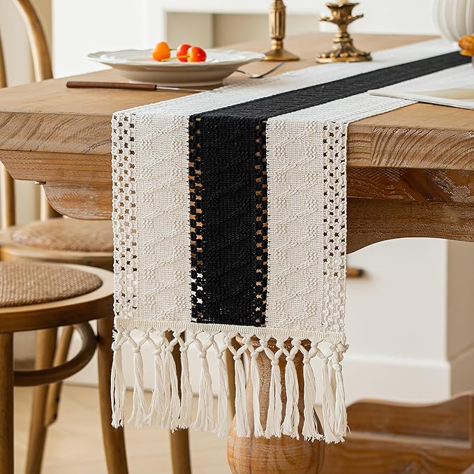 FEXIA Boho Table Runner for Summer Home Decor with Tassels 108 Inches Long Farmhouse Rustic Black Gothic Table Runner Macrame Gothic Burlap Table Decoration for Kitchen Living Room (12x108 Inches)