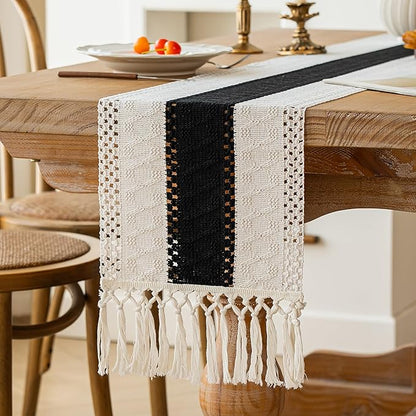 FEXIA Boho Table Runner for Summer Home Decor with Tassels 108 Inches Long Farmhouse Rustic Black Gothic Table Runner Macrame Gothic Burlap Table Decoration for Kitchen Living Room (12x108 Inches)