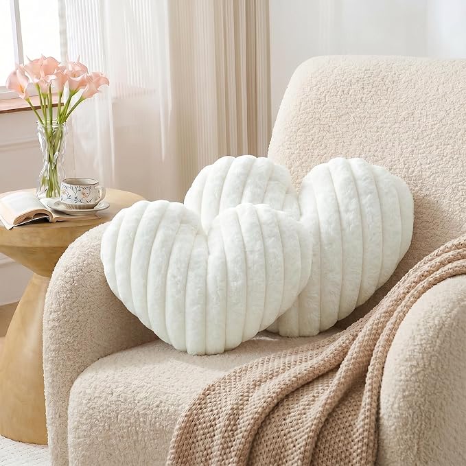 12.9 Inch Heart Pillow Cute Soft Decorative Throw Pillows, Heart Shaped Fluffy Faux Fur Pillows Cushions for Couch Sofa Bed Bedroom Room Home Decor Aesthetic (1, White, Small-12.9"x9.5")