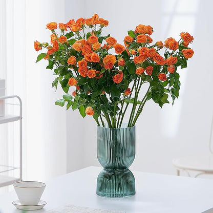 7.5 inch Vase for Flowers, Ribbed Thickened Glass Green Vases, Hourglass Bud Flower Vase for Bookshelf, Dinner Table, Indoor Office Desktop, Meeting Room, Bathroom, Home Decor, Christmas Decoration