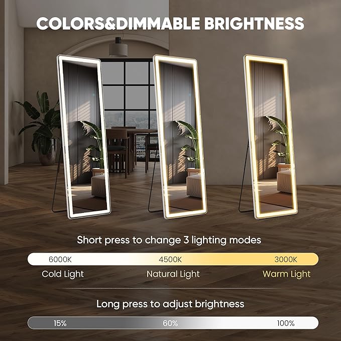 16"×60" LED Full Length Mirror with Stand, Full Body Wall-Mount Mirror with LED Lights 3 Color Lighting, Hanging or Leaning, Floor Standing, Modern Simple Home Wall Decor