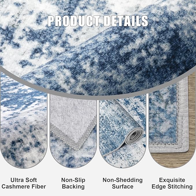 8x8 Area Rug Living Room Rug: Washable Modern Abstract Soft Thin Rug Indoor Floor No Slip Stain Resistant Carpet for Bedroom Dining Room Farmhouse Nursery Home Office - Blue