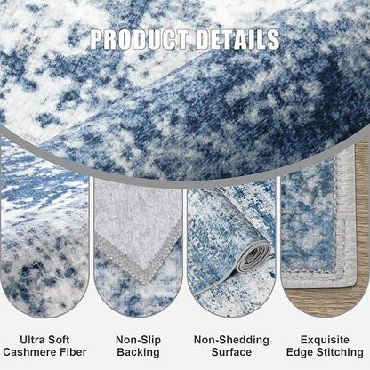 2.6'x10' Runner Rug Washable Rug: Modern Abstract Soft Thin Runner Rug Blue