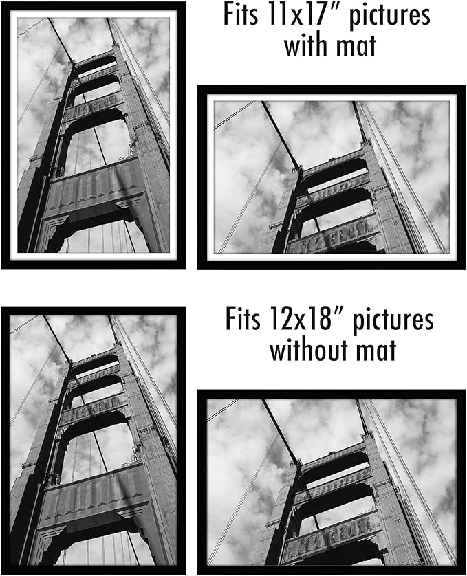 Americanflat 12x18 Poster Frame with Polished Plexiglass - Set of 5 - Use as 11x17 Frame with Mat - Galleria Collection - Picture Frames for Wall Display - Black