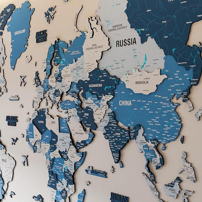 Colorfull Worlds 3D Wooden World Map Wall Art - Premium Multicolored World Travel Art for Wall Decor with Push Pins- Ideal Housewarming Gift & Travel Tracker (Large, Navy)