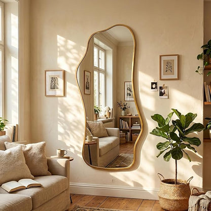 Bathroom Mirrors for Over Sink-Horizontal or Vertical Hanging 47.2"x21.6" Gold Asymmetrical Wavy Aluminum Frame Decorative Full Body Mirror for Living Room,Bedroom,Cloakroom,Entryway