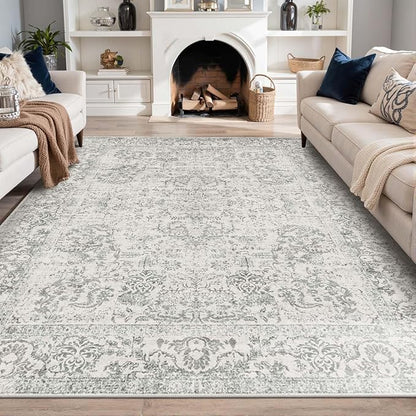 Rugxara 6x9 Washable Area Rug for Living Room, Neutral Vintage Large Boho Rugs for Office, Dining Room, Kids Room, Farmhouse, Durable Low Pile Non Slip Carpet for High Traffic Areas, Light Grey
