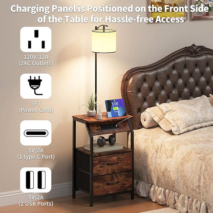 End Table with Floor Lamp, Nightstand with Charging Station, Floor Lamp Table with 3-Color Temperature Bulb, Bedside Table Night Stand with 2 Drawers for Bedroom, Living Room, Brown