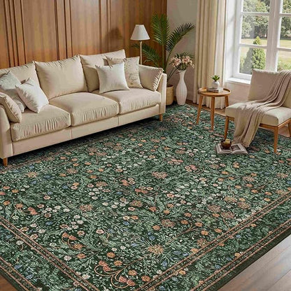 Rugxara 5x7 Area Rugs for Living Room Bedroom, Large Washable Rug, Green Vintage Floral Boho Rug, Non Slip & Low Pile Faux Wool Thin Carpet for Indoor Dining Room and Kids Room(Green 5x7ft)