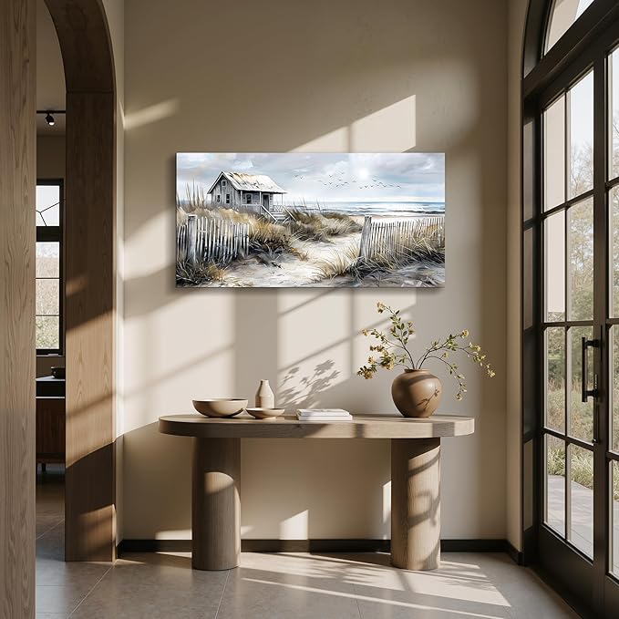 imjiayu Large Wall Art, Landscape Wall Art, Beach Wall Decor, Seaside Old Cabin Painting Prints, Vintage Coastal Scenery Pictures for Living Room Bedroom Kitchen Office House Decorations 20"x40"