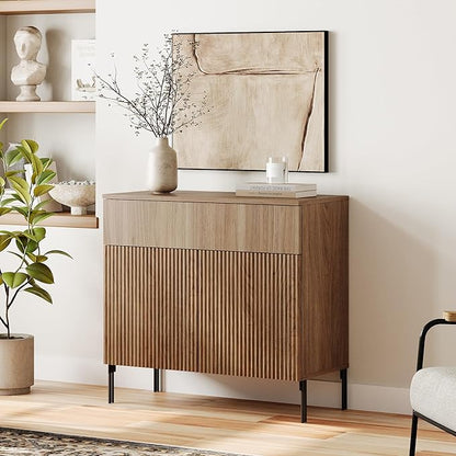 WAMPAT Fluted TV Stand TVs up to 35", 31.5" W Modern TV Entertainment Center with Storage Cabinets and 1 Drawers & 2 Doors, Wood Media TV Console Table with Storage for Living Room, Light Walnut