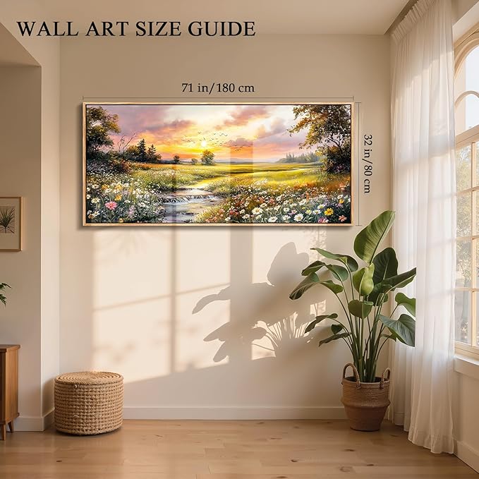 crmotu Extra Large Framed Wall Art for Living Room, Sunset Landscape Wall Art, Nature Wildflower Daisy Artwork, Country River Scenery Painting for Farmhouse Bedroom Dining Room Decor, 32"x71"