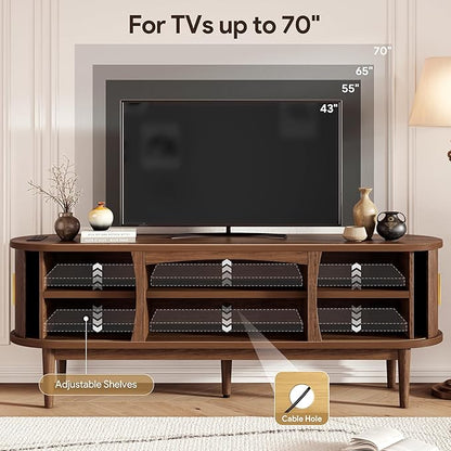 Decofy Mid Century TV Stand for TVs up to 70 Inches, Entertainment Center with Storage, Power Outlet, Fluted Sliding Doors & Adjustable Shelves, Modern Media TV Console Table for Living Room (Walnut)