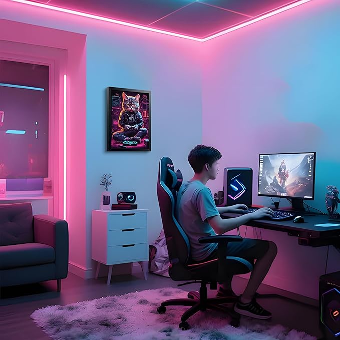 Framed Gamer Cat Canvas Wall Art, Kitten Playing Video Game Wall Decor, Cool Controller Neon Oil Painting, Boys Bedroom Gaming Room Canvas Print Poster 8x10 Inch