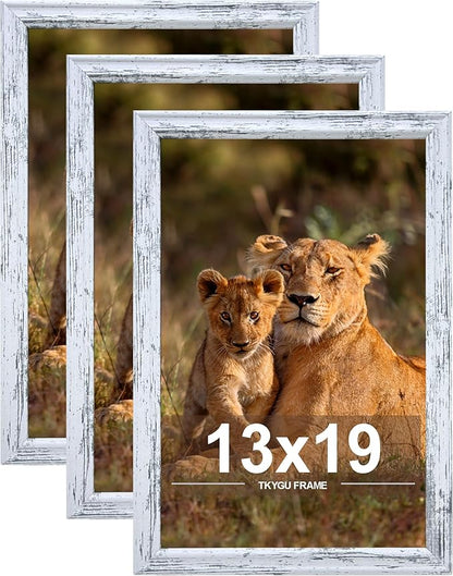 13x19 Picture frame set of 3, Woode frames Rustic White Wall Mounting Horizontally or Vertically, 13 by 19 Wall Gallery Poster Photo Frame with Shatter Resistant Plexiglass,best gift