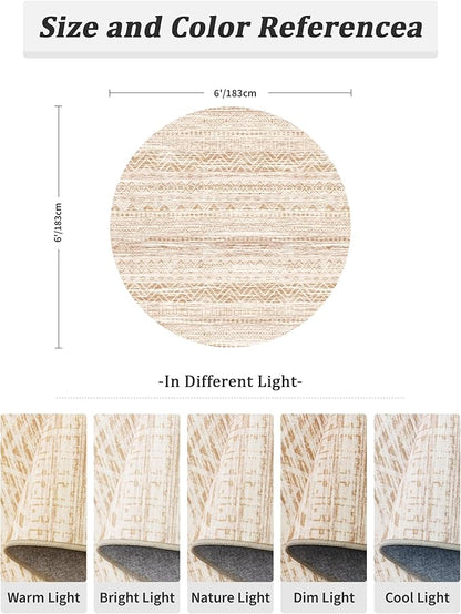 Miukiki Round Rugs 6ft for Living Room Moroccan Washable Circle Rug Non Slip Indoor Floor Carpet Foldable Area Rug for Dining Room with Low Pile(Beige,6'x6')