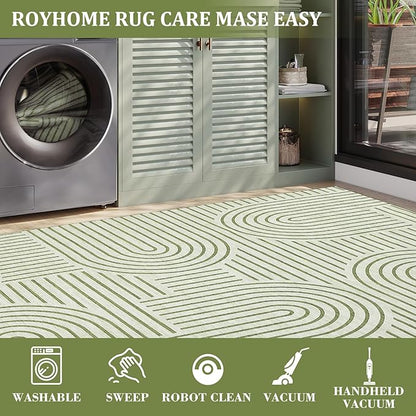 ROYHOME Washable Rug 4ft Area Rugs for Living Room, Abstract Rug for Bedroom, Soft Rainbow Non Slip Throw Rugs with Rubber Back, Low Pile Stain Resistant Boho Geometric Carpet for Dining Room,Green