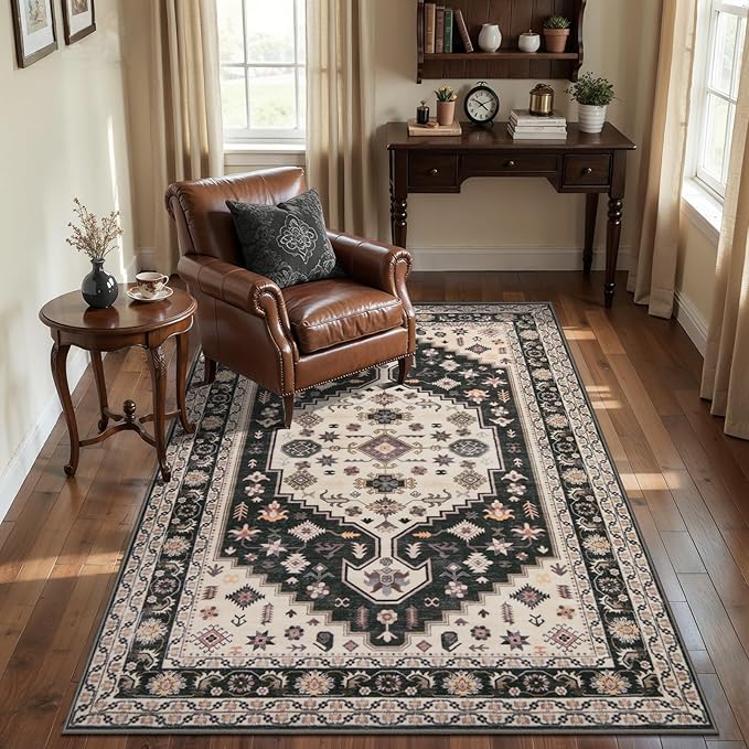 Tangsoo 3x5 Area Rug for Bedroom,Vintage Washable Non-Slip Indoor Rugs Black and Gold Soft Low Pile Mat Floor Carpet for Entryway Kitchen Living Room Office Mudroom Foyer Decor