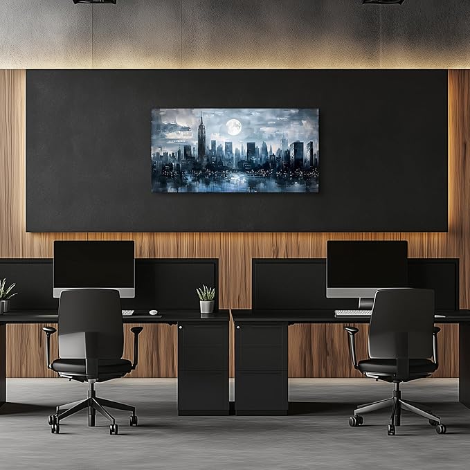 SERIMINO New York City Wall Art, Modern Urban Abstract Large Artwork, Moon Night Landscape Canvas Painting, Blue Impressionist Pictures Wall Decor Living Room Bedroom, Office Art Prints 20X40 Inch
