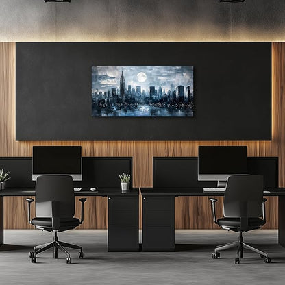 SERIMINO New York City Wall Art, Modern Urban Abstract Large Artwork, Moon Night Landscape Canvas Painting, Blue Impressionist Pictures Wall Decor Living Room Bedroom, Office Art Prints 20X40 Inch