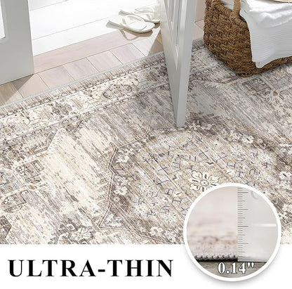 Washable Hallway Runner Rugs 3x8: Soft Ultra Thin Low Pile Carpet Machine Washable Indoor Lightweight Rug Runner Anti Slip Backing Rugs for Living Room Bedroom Kitchen 3'x8' Beige