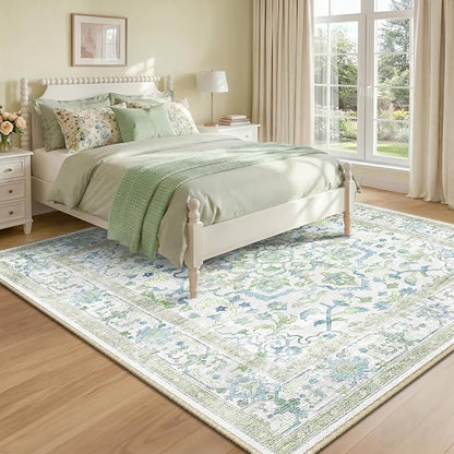 CAPALOCA Machine Washable Rugs Nursery Rug Sq6ft Cute Girl Non Slip Low Pile Water Repellent Soft Print Pattern for Bedroom Indoor Decor Kids Playroom Green Blue