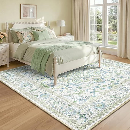 CAPALOCA Machine Washable Rugs Nursery Rug Sq8ft Cute Girl Non Slip Low Pile Water Repellent Soft Print Pattern for Bedroom Indoor Decor Kids Playroom Green Blue