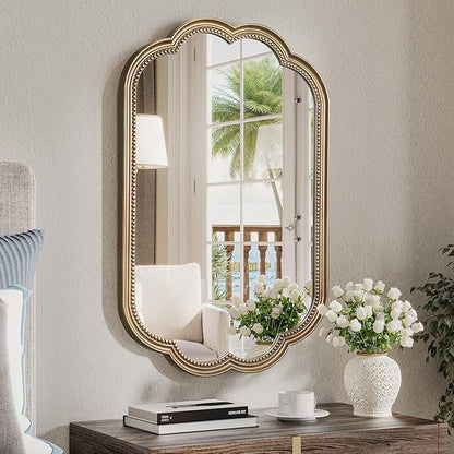 Scalloped Gold Mirror for Bathroom, 23" x 35" Antique Brass Mirror, Vintage Gold Mirrors with Beaded for Over Sink, Bedroom, Living Room, Fireplace, Entryway, Hangs Horizontally or Vertically