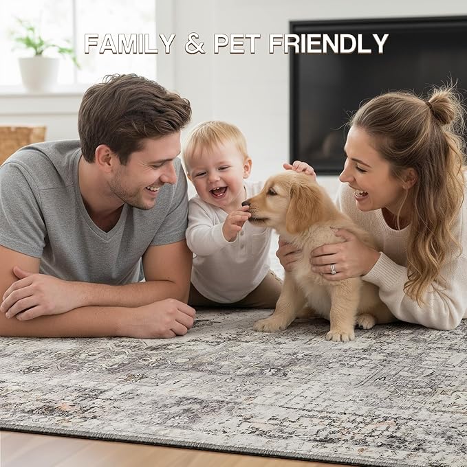 YOH Boho Washable Rug 6x9, Charcoal Gray Vintage Non Slip Area Rug, Distressed Indoor Carpet for Living Room Bedroom Kitchen Office