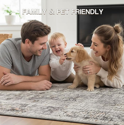 YOH Boho Washable Rug 6x9, Charcoal Gray Vintage Non Slip Area Rug, Distressed Indoor Carpet for Living Room Bedroom Kitchen Office