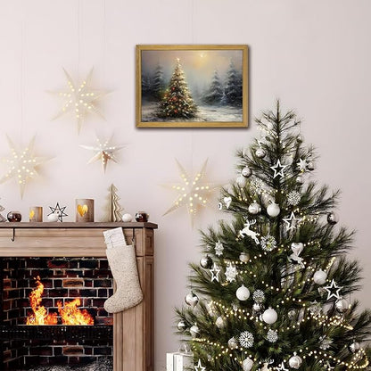 Vintage Christmas Wall Art, Vintage Pine Tree Canvas Wall Decor Painting, Rustic Winter Tree Print, Botanical Winter Art, for Table Farmhouse Mantel Home Office 12x16 Inch Wood Framed