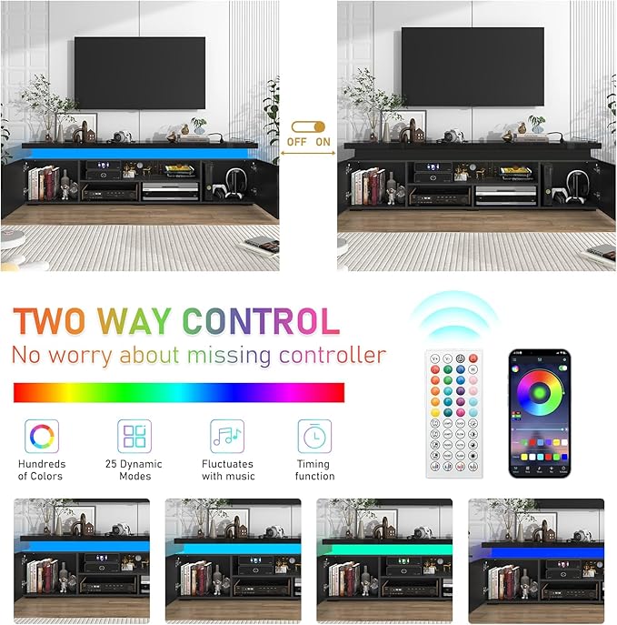 Hlivelood LED TV Stand for 95 Inch TV, Modern TV Stand with Power Outlet, High Gloss TV Console Entertainment Center with Storage and LED Lights for Living Room, Bedroom (83 Inch, Black)