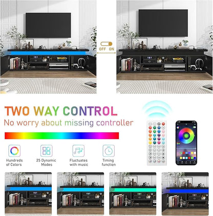 Hlivelood LED TV Stand for 85 Inch TV, Modern TV Stand with Power Outlet, High Gloss TV Console Entertainment Center with Storage and LED Lights for Living Room, Bedroom (73 Inch, Black)