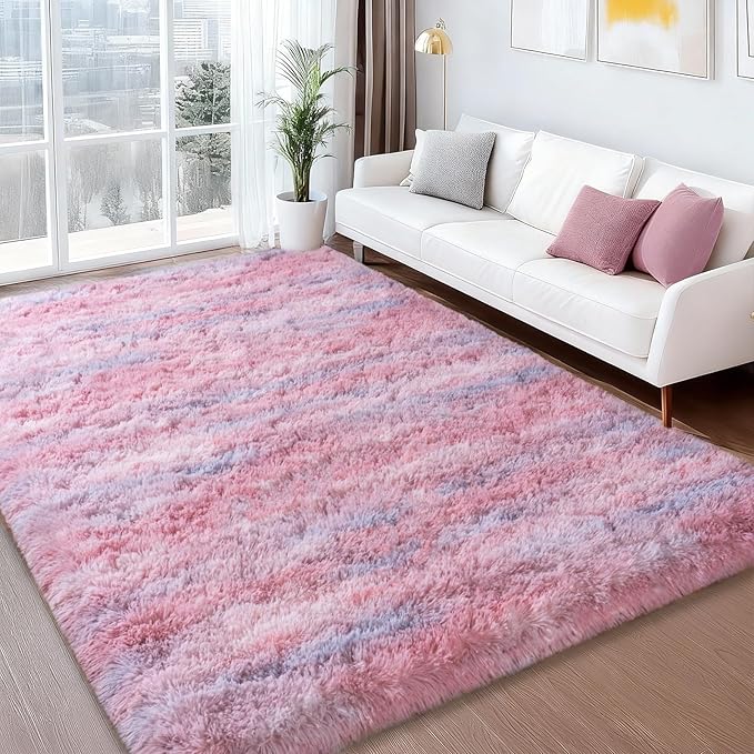 Shag Rugs for Living Room 9x12, Ultra Soft Abstract Pink Big Fuzzy Rugs for Bedroom, 9 x 12 Fluffy Shaggy Plush Carpet Girls Kids Room Dorm Upgrade Non-Slip