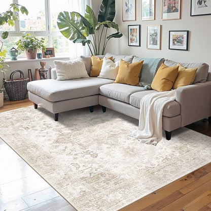 Rugxara Washable Area Rug for Living Room, Vintage Boho Rugs for Office, Dining Room, Kids Room, Farmhouse, Durable Low Pile Non Slip Carpet for High Traffic Areas, Beige(4x6 ft)