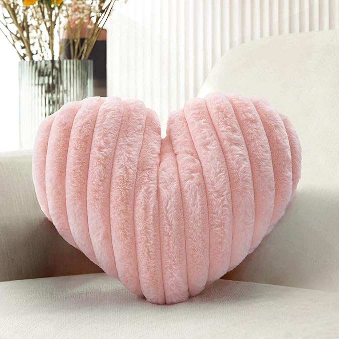 12.9 Inch Pink Heart Pillow Cute Soft Decorative Throw Pillows, Heart Shaped Fluffy Faux Fur Pillows Cushions for Couch Sofa Bed Bedroom Room Home Decor Aesthetic (1, Pink, Small-12.9"x9.5")