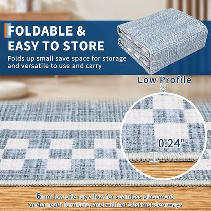 GarveeHome Modern Bordered 8x10 Area Rugs for Living Room Bedroom Soft Washable Large Bedroom Throw Carpet Non Slip Checkered Geometric Rugs for Dining Room Home Decor Office, Blue