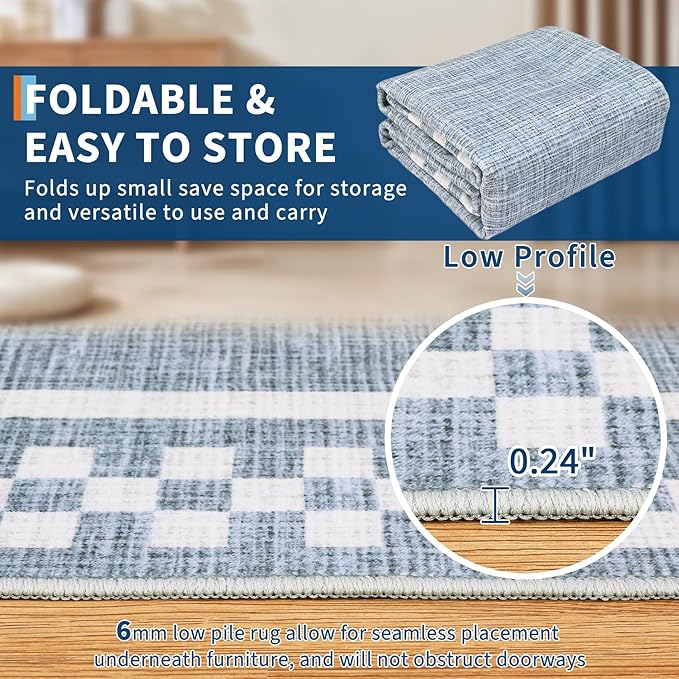 GarveeHome Washable Area Rug 4x6 Small Living Room Rugs Modern Bordered Soft Dining Room Throw Carpet Low Pile Non Slip Checkered Bedroom Rug Geometric Carpet for Nursery Kitchen Home Office, Blue