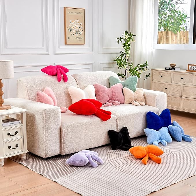XVTRU Navy Bow Pillow, Soft Bow Decorative Pillows with Faux Rabbit Fur, Cute 12" Bow Throw Pillows, Aesthetic Home Decor Bow Shaped Plush Pillow for Bedroom Sofa Couch
