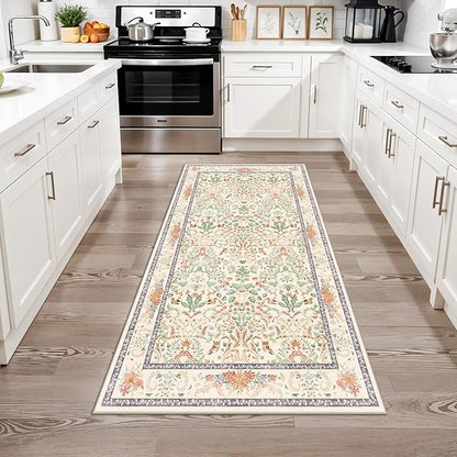 Botanical Beige 3x5 Area Rug - Non-Slip Washable Soft Low-Pile Small Area Rugs for Kitchen Bedroom Entryway Kid Room – Vintage Florals Door mat Indoor (Cream, 3x5)