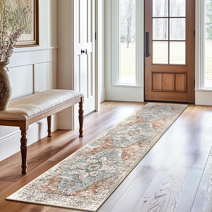 BESTSWEETIE 2x8 Area Rug Washable Rugs for Living Room, No Pile Boho Carpet for Entryway Bedroom Dinning Room, Vintage Carpet Print Distressed Non-Slip, 2 x 8 ft, Green Brick Rust Red