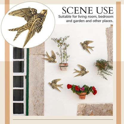 4 Pcs Vintage Bird Wall Sculpture Decor Art 4.7 Inch Antique 3D Sculpted Hanging Bird Resin Wall Art Golden Brass Floating Ornament for Living Room Garden Outdoor, Gifts for Couples Housewarming